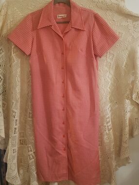 Vintage 70s Country Miss Red & White Houndstooth Knit Shift Dress Smock ILGWU